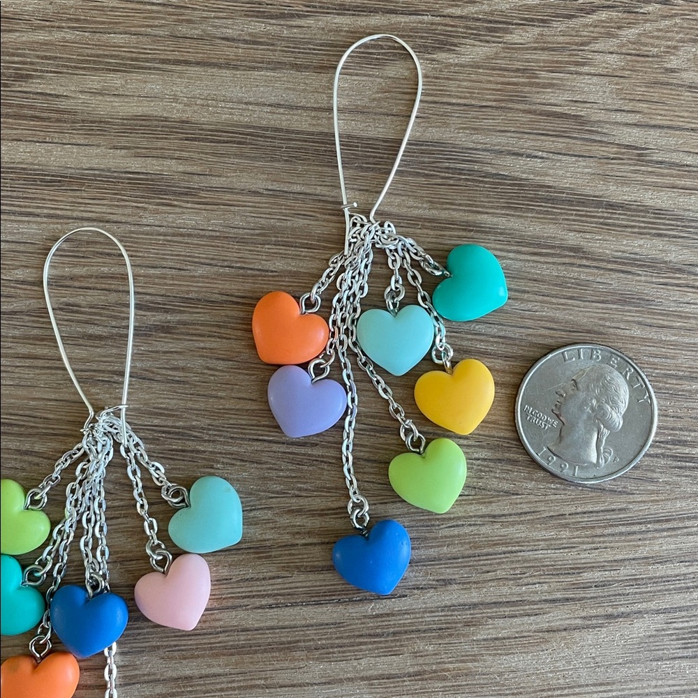HAND CRAFTED PASTEL HEART DANGLE EARRINGS Multicolor Rainbow Whimsical Tassel - Picture 8 of 12